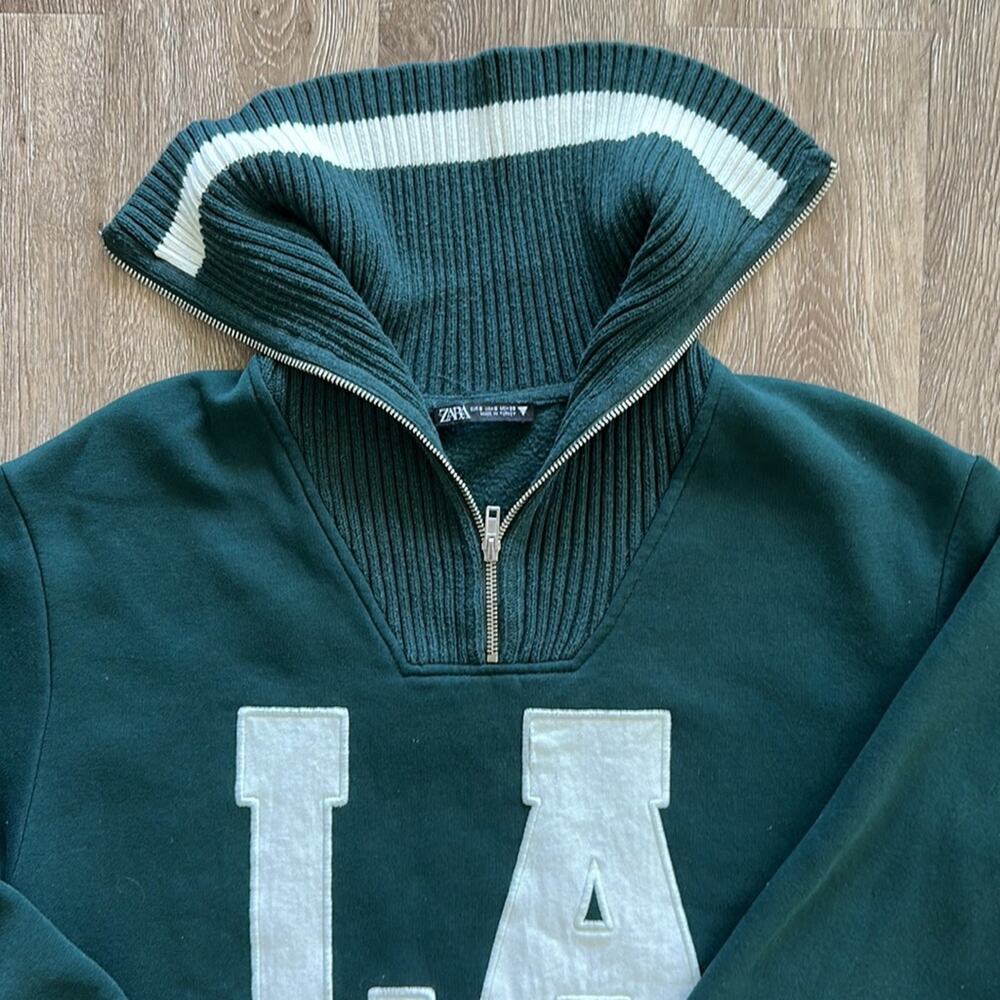 Zara Los Angeles City Patch Half Zip Sweatshirt Forest Green Size Small - Picture 3 of 5